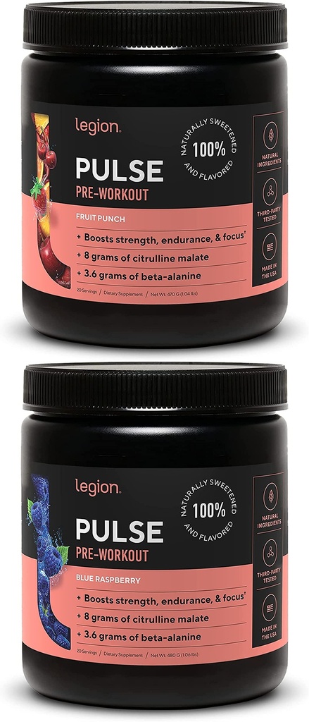 LEGION Pulse Pre Workout Supplement - All Natural Nitric Oxide Preworkout Drink to Boost Energy, Creatine Free, Naturally Sweetened, Beta Alanine, Citrulline, Alpha GPC (Fruit Punch & Blue Raspberry)