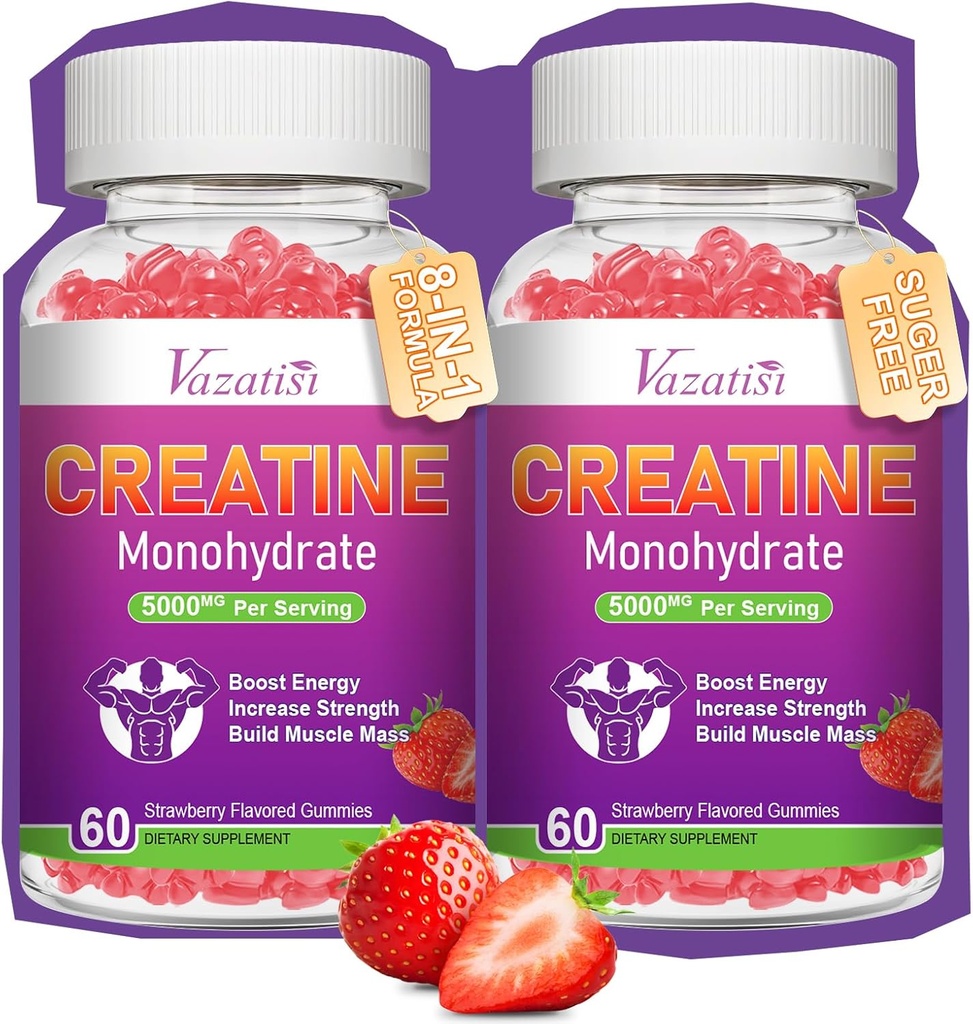 2 Pack Creatine Monohydrate Gummies för kvinnor och män, Sugar Free Vegan Creatine Supplement för byggmuskler, Öka energi och styrka, naturlig jordgubbsmak, 120 greve