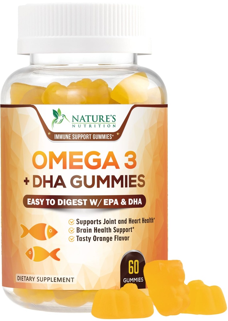 Omega 3 Fish Oil Gummies - Heart Healthy Omega 3 Gummy Supplement with High Absorption DHA & EPA, Extra Strength Joint & Brain Support, Delicious Orange Flavor Fish Oil Nature's Vitamin - 60 Gummies