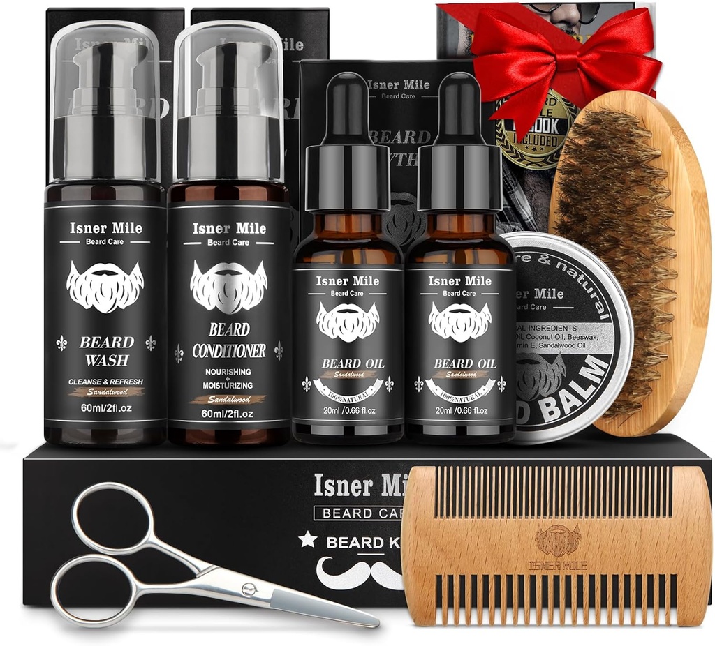 Beard Kit for Men Grooming & Care: 2 Pack Beard Oils and Balm - Wash & Conditioner Shave Lotions Sandalwood, Brush and Comb Sets with Scissors, Valentines Fathers Gifts for Dad/Men/Him