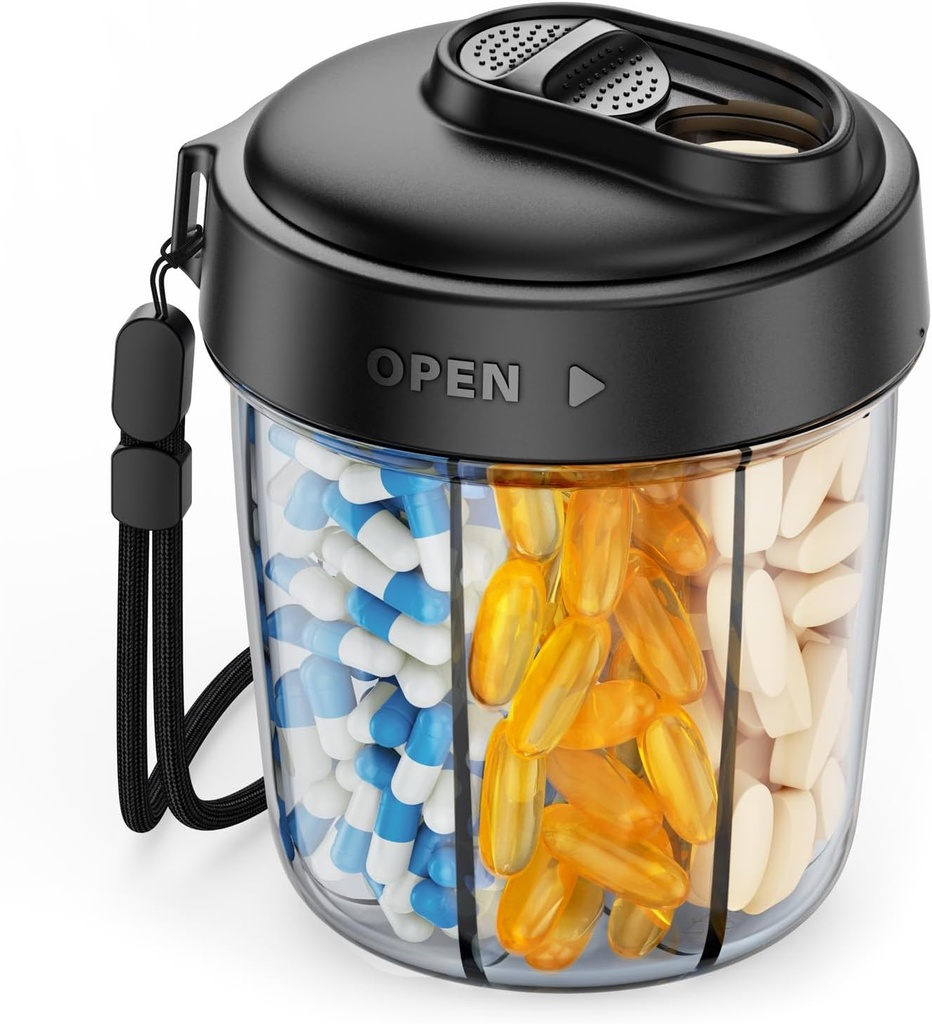 AnUVON Gran Pill Dispenser per a emmagatzemar 7 VES, Viatger Pill organitzador amb disseny anti-Mix, l' ampolla de Pill amb l'ús de & desplaçament ample, Inclou 20 Memory Stickers buits, negre