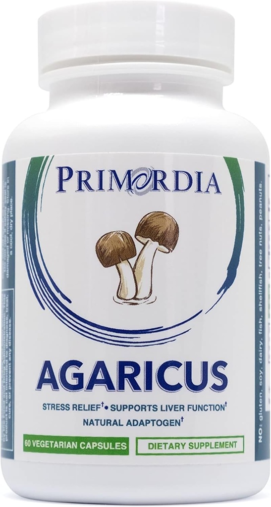Primordia Pure Agaricus Mushroom Suplement, 60 Capsules, Liquid State Fermentation, Agaricus Blazei Murill Mushroom, Stress Relief, Support Liver and Immune Functions