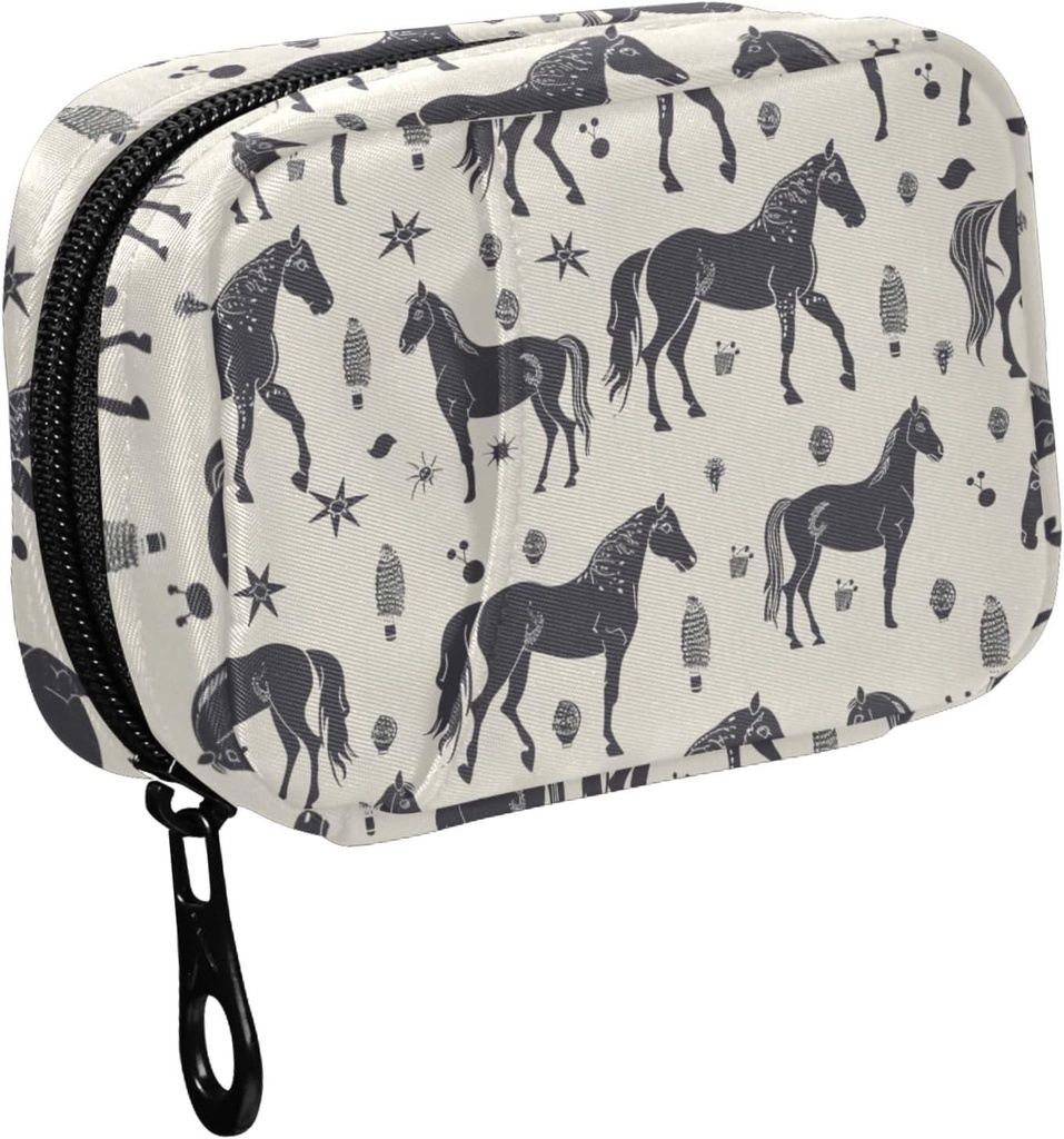 Fustyad Black Horse Silhouette en diverse decorelementen pil Organizer voor Purse, Wekelijkse draagbare pil Box met rits naar opslag Vitaminen Visolie Medicijnen Supplementen