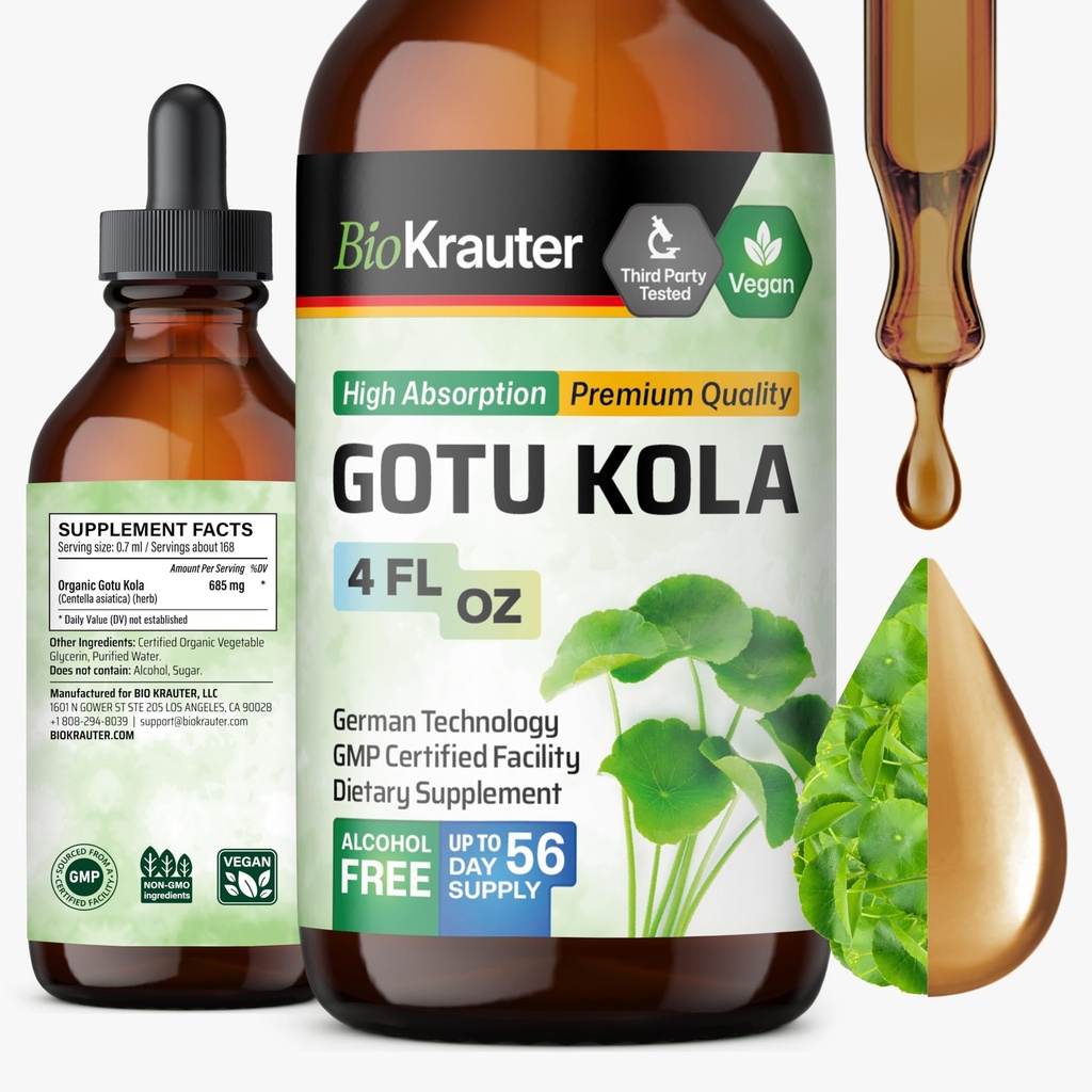 BIO KRAUTER® Centella Asiatica (Gotu Kola)- Liquid Drops Gotu Kola Extract 685 mg/Serving 4 Fl.Oz 56-Day Supply - Pure Vegan Brain Supplement, Supports Calm, Focus & Memory - Alcohol & Sugar Free