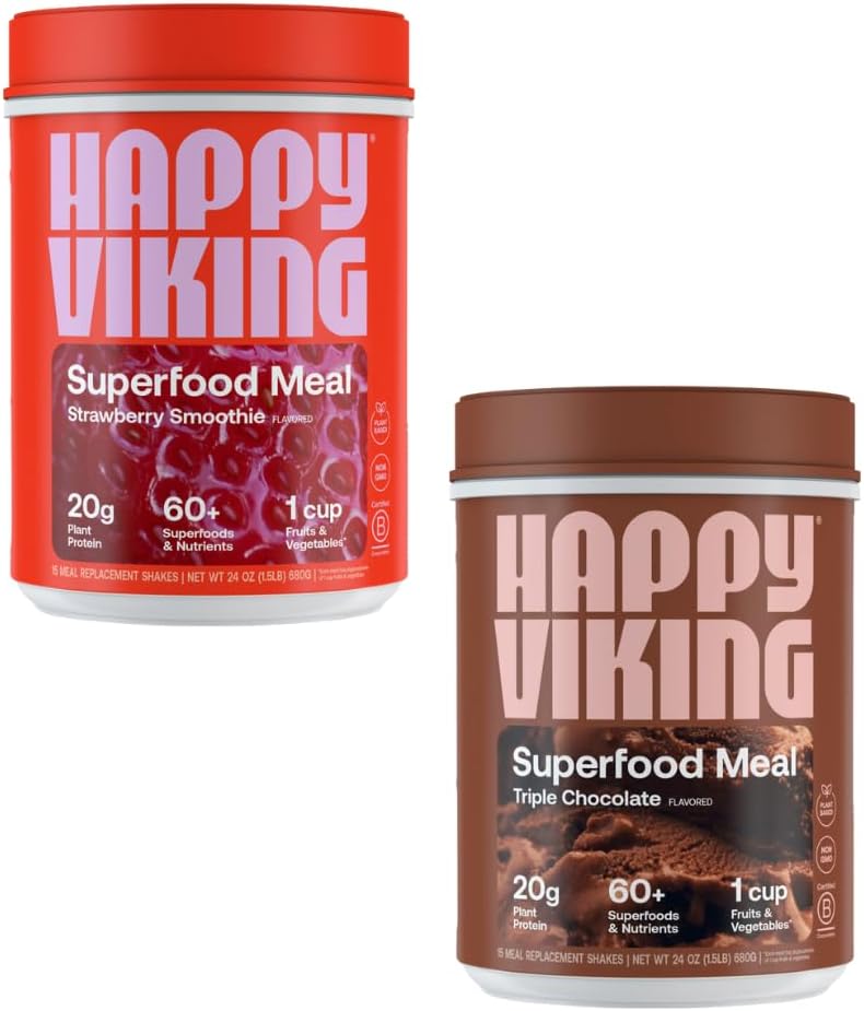 Happy Viking Chocolate and Strawberry Powder, by Venus Williams, 20G Protein, Low Carb, Keto, Vegan, Gluten-Free, Superfoods, Complete Meal Replacement, 2 Canisters (24 унции). Каждый