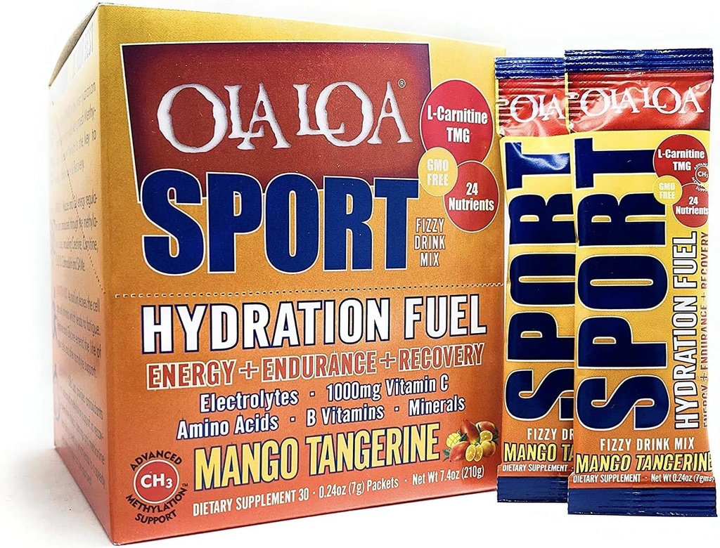 Ola Loa Sport Mango Tangerine All-Natural Hydrating Sports Drink Mix - Energia, Aminokyseliny, Elektrolyty, Vitamín C, Vitamín B, Gluten Free, Vegan - piť vitamíny - 30 Pakety (7.4oz)