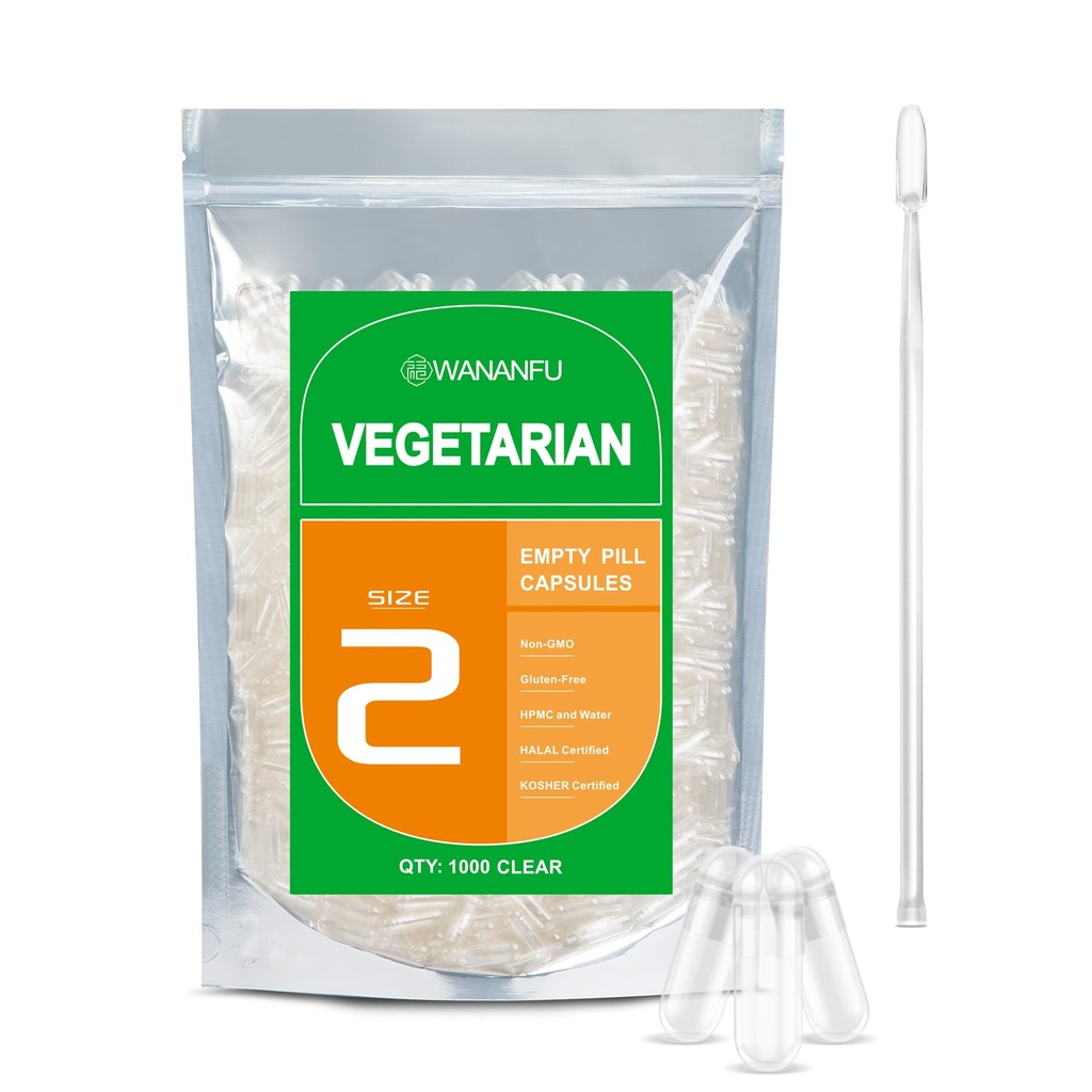 wananfu Size 2 Empty Capsules Vegetarian (500 Count) Bundle with 2 Micro Lab Spoons, Clear Fillable Veggie Pill Capsules Size 2 for Making Your Own Supplements