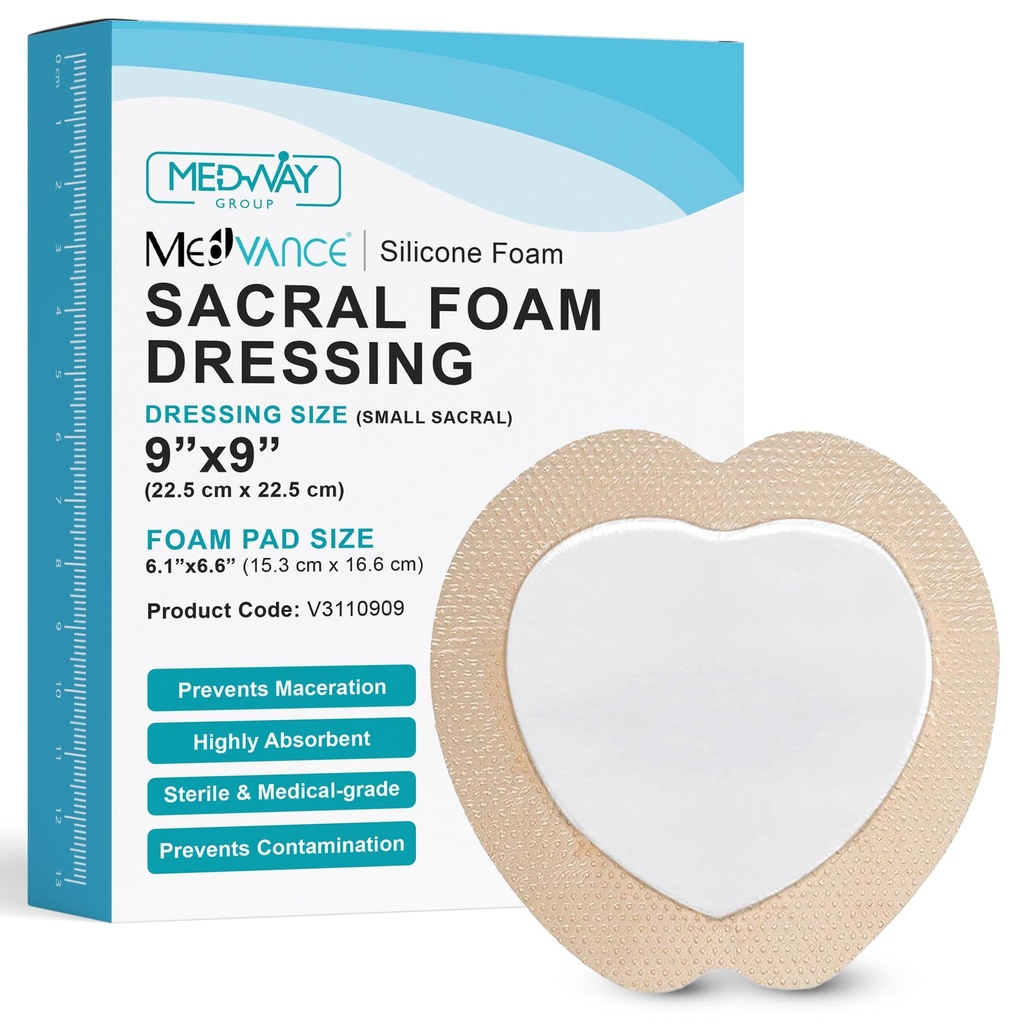 MedVance Silicone Foam Adhesive Dressing, 9"x9" Sacral, Box of 5 | Sterile And Individually Wrapped - Sacral Foam Bed Sore Bandages For Buttocks - Highly Absorbent - Waterproof & Breathable