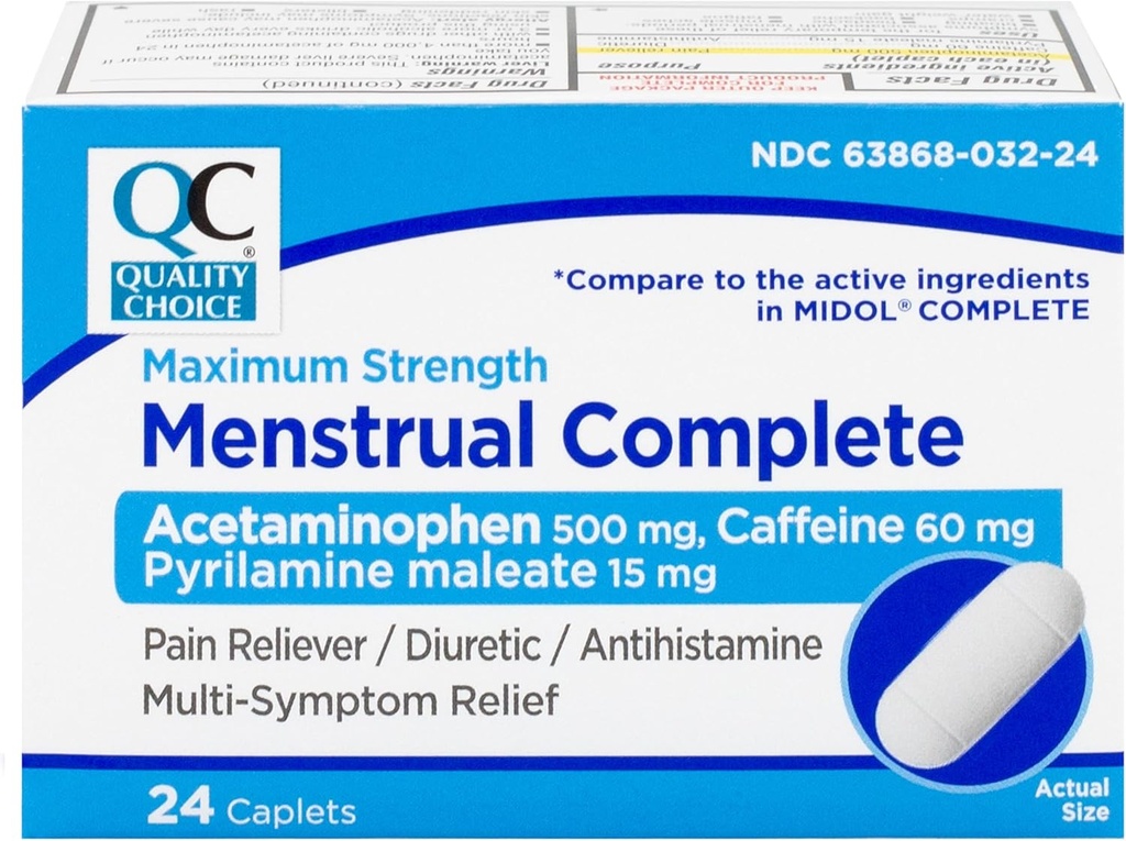 Quality Choice Menstrual Complete Max Strength Period Pain Relief, 500 mg of Acetaminophen, 60mg of Caffeine, 15mg of Pyrilamine Maleate, Cramps, Bloating, Headache. 24 count.