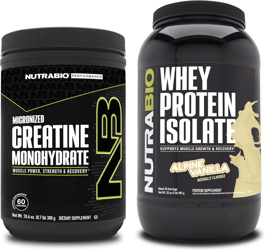 NutraBio Creatine Monohydrate, Unflavored, 300g and Whey Protein Isolate, Alpine Vanilla, Supplement Bundle - Muscle Energy, Lean Muscle Growth, Recovery, andStrength