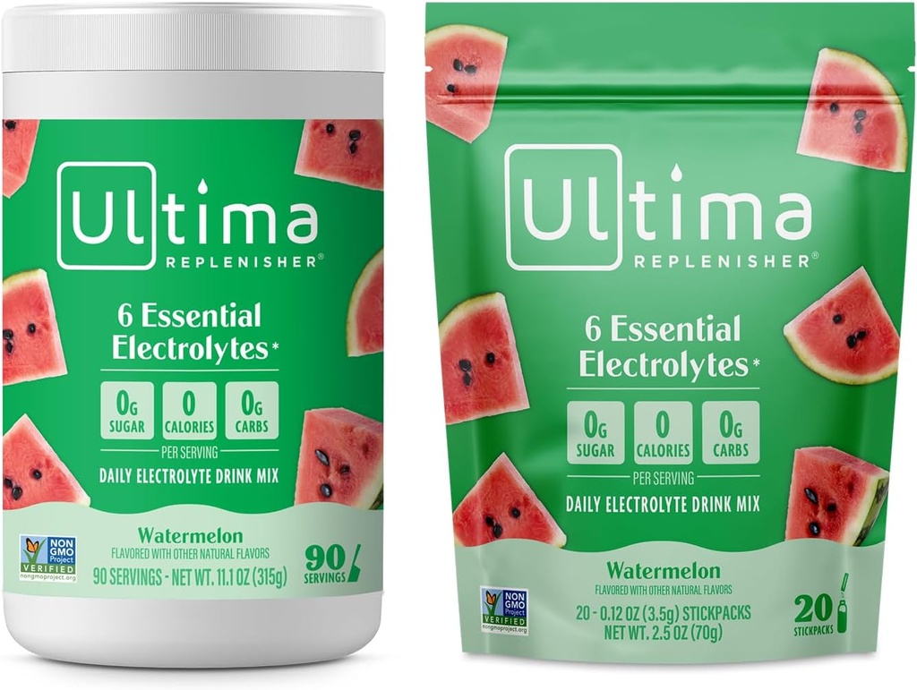 Ultima Replenisher Electrolyte Powder Drink Mix Bundle – Sugar Free – Watermelon, 90 Serving Canister and 20 Stickpacks – 6 Electrolytes and Minerals – Keto Friendly, Vegan, Non-GMO