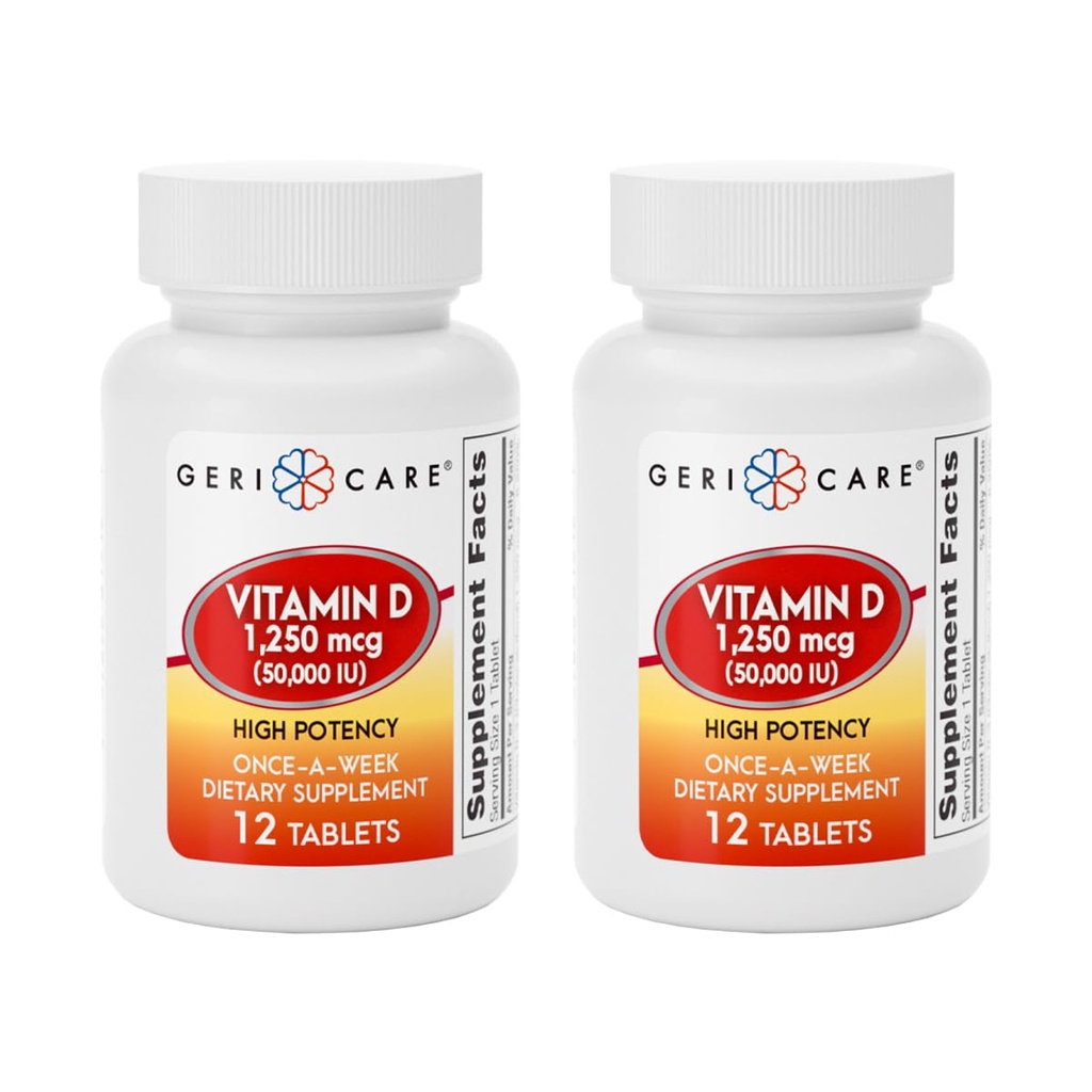 GeriCare Vitamin D 1,250mcg (50,000 IU) High Potency, Supports Bone Density, Muscle Health, Immune Function, and Calcium Absorption, Once-A-Week Dietary Supplement, 12 Count (Pack of 2)