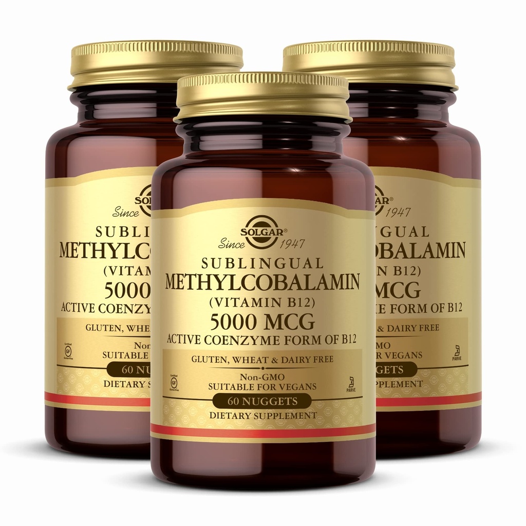 Solgar Methylcobalamin (Vitamin B12) 5000 mcg, 60 Nuggets (Pack of 3) - Cherry Flavor - Supports Energy Metabolism - Body-Ready, Active Form - Non-GMO, Vegan, Gluten Free - 180 Total Servings