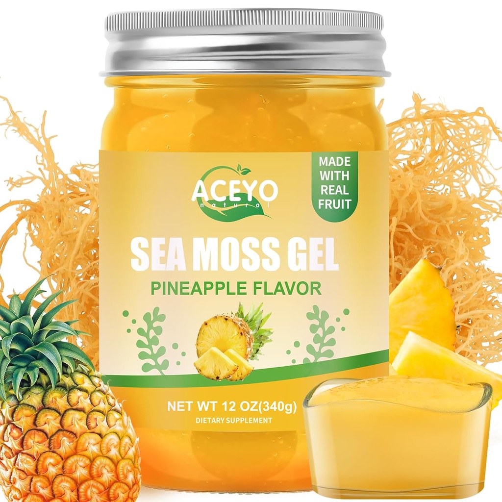 ASEYO (12 OZ Irish Sea Moss Gel Vew Pineapple Flavor 102 Vitamin 102 Vitamin dan Minemins Wild Harowed Non-GMO Ammune Defense Booster Thyroid Digetsy Support