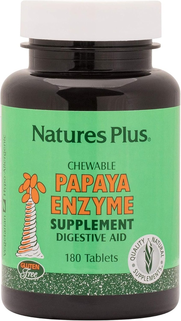 Natural Plus Papaya fermentas - 6 mg Papainas - Visi natūralūs Digestic pagalbos papildas, Sudėtyje yra Amilase & Protease - 180 Chewable Tablets (180 Servings)