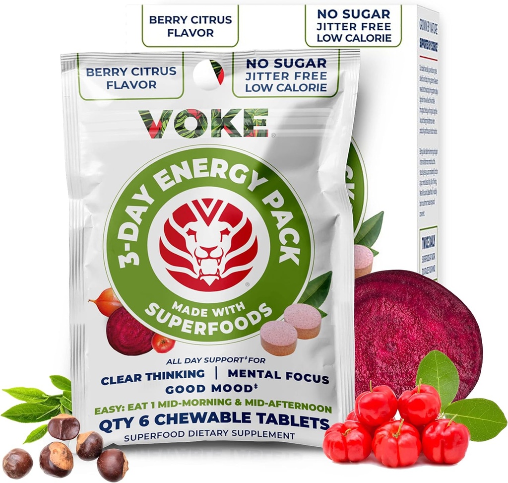 Voke Energy Tablets - Rapid Focus Superfood Chewable Tablets, Pocket Portable, Resealable Package, C-vitamin, Supports Focus Memory Concentration Clear Think and Good Mood.
