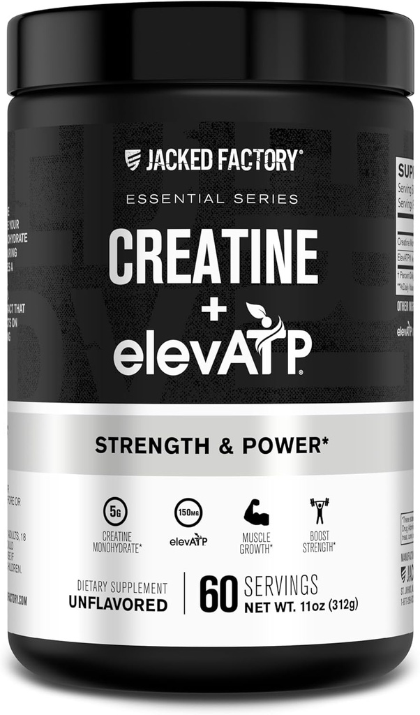 Jacked Factory Creatine + ElevATP - Muscle Growth, Artan Güc, Sustained Energy & Endurance üçün ElevATP ilə Enerji Çıxarılması - 60 Xidmət, Unflavoured