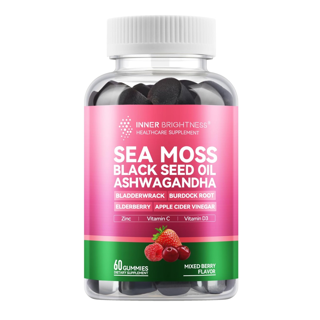 Inner Brightness Sea Moss 4000mg Gummies with Ashwagandha, Elderberry, Apple Cider Vinegar, Bladderwrack, Burdock Root – Immune Support – Mixed Berry Flavor – 60 Count