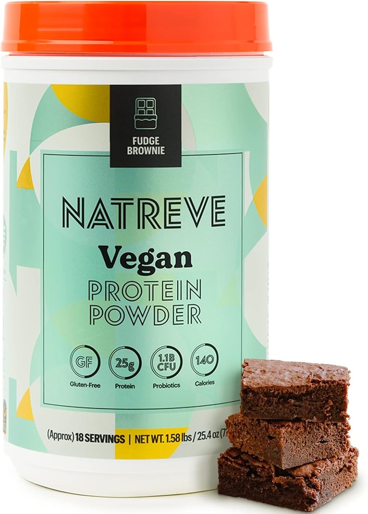 Natreve Vegan Protein Powder - 25g Plant Based Protein Powder with Probiotics and Amino Acids - Gluten Free Fudge Brownie, 18 Servings