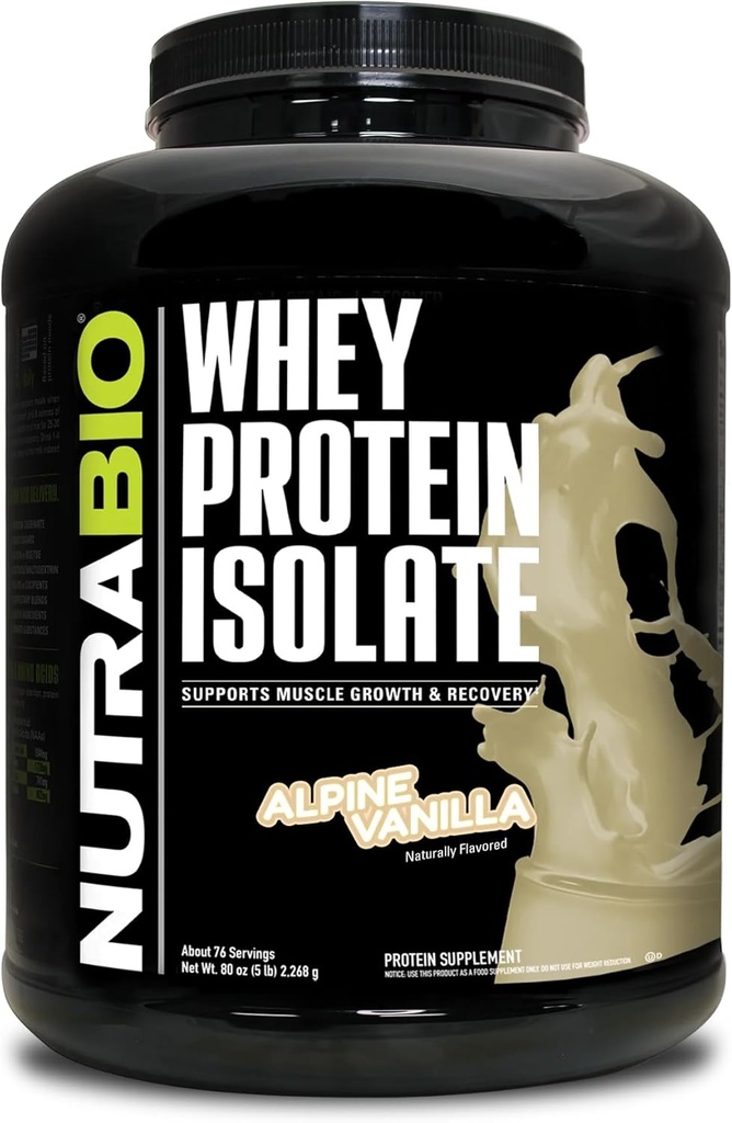 NutraBio 100% Whey Protein Isolate Protein Powder, 25g Protein mit vollständigem Aminosäureprofil, Non-GMO, Soy & Glutenfrei, Low Carb, Low Calorie Whey Protein Powder, Alpine Vanilla, 5 Lbs