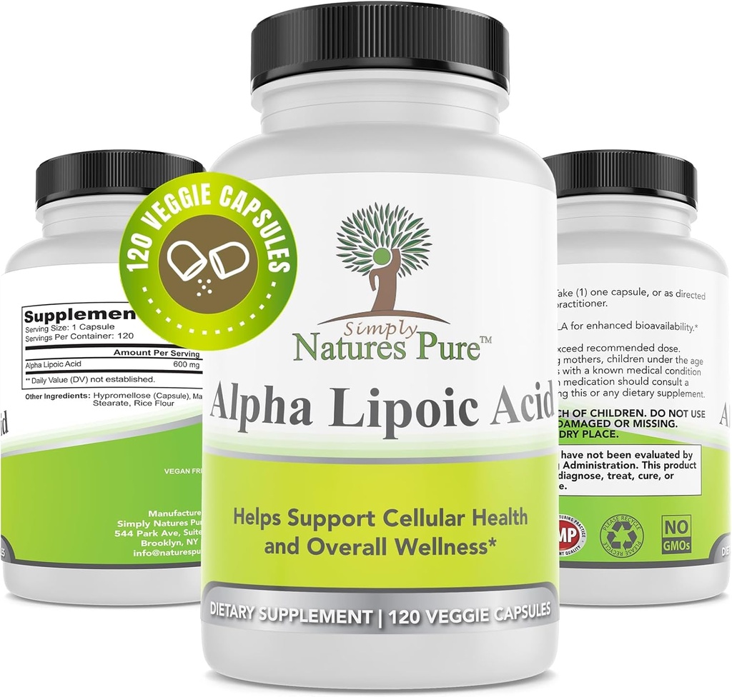 Simply Natures Pure Alpha Lipoic Acid 600mg 120 Veggie Capsules, Non-GMO Thioctic Acid 4 Month Supply