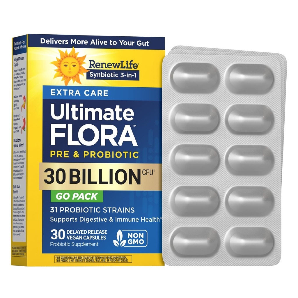Renew Life Extra Care Go-Pack Probiotic Capsules, Daily Supplement Supports Immune, Digestive and Respiratory Health, L. Rhamnosus GG, Dairy, Soy and gluten-free, 30 Billion CFU, 30 Ct