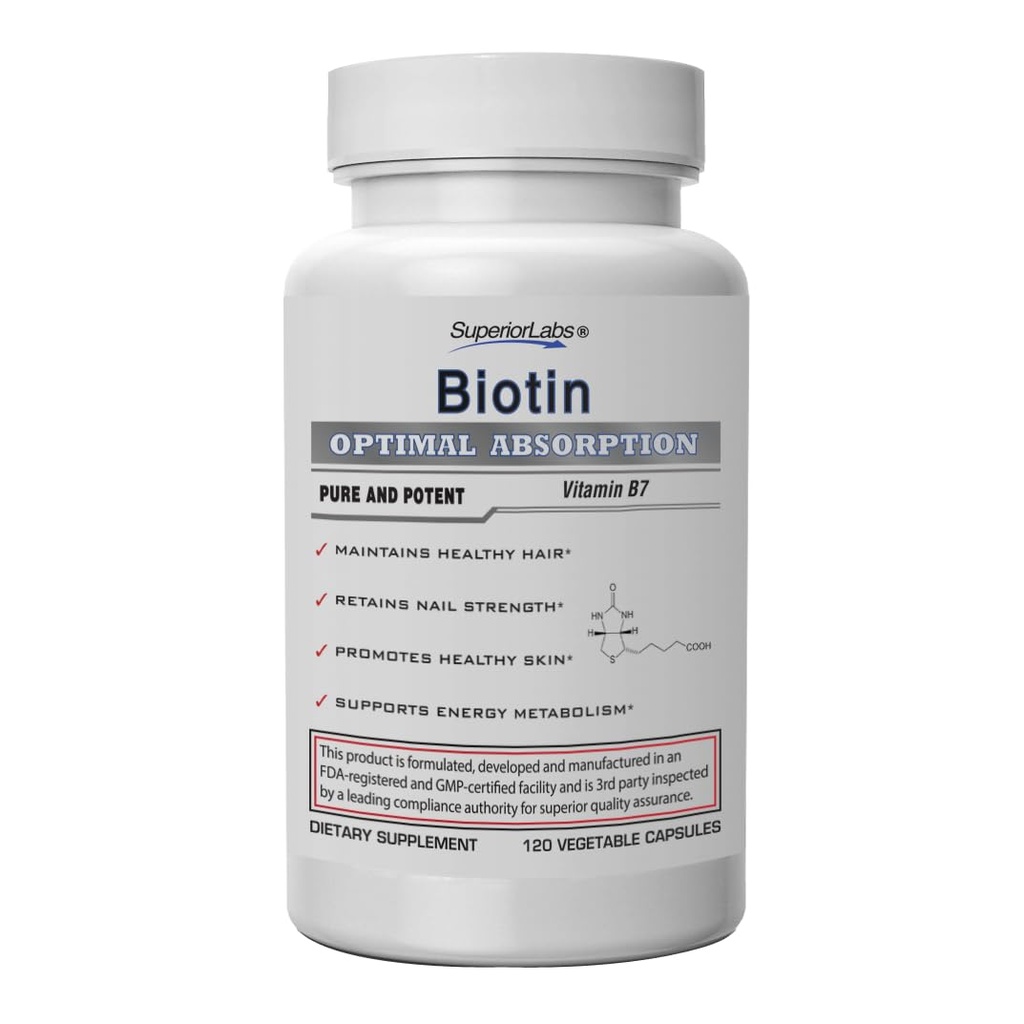 Superior Labs – Best Natural Biotin NonGMO Supplement – for Luscious Longer Hair and Lashes – Stronger Nails – Healthy Skin – Energy Booster – Healthy Weight - 5000 mcg, 120 Vegetable Caps