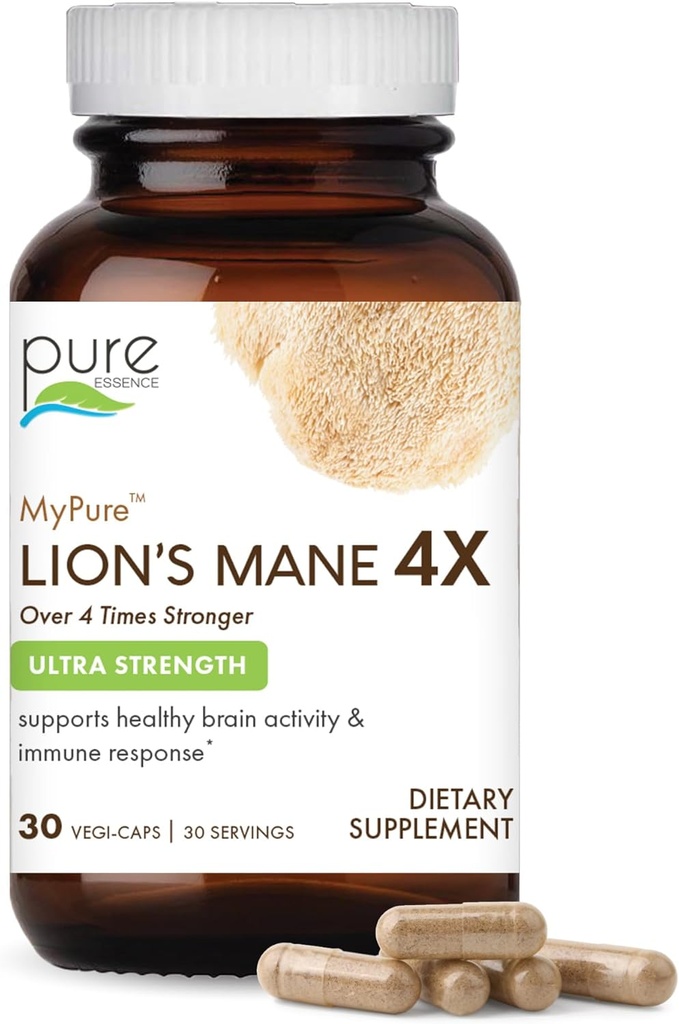 ESSENCE LABS MyPure Lion's Mane 4X - Ultra Power Brain Support Supplement with 6:1 Hot Water Extract & 10:1 Extract for Cognitive Health, Focus, Memory & Mental Clarity, 30 קפסולות