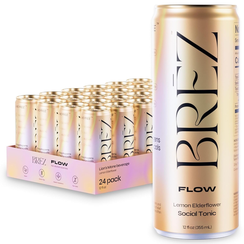 BREZ FLOW Lion's Mane Mushroom Drink, 24-Pack, non-infundido, adaptogens, Relieving, Uplifting e Social, Sparkling Lemon Elderflower Tonic 12 Fl oz