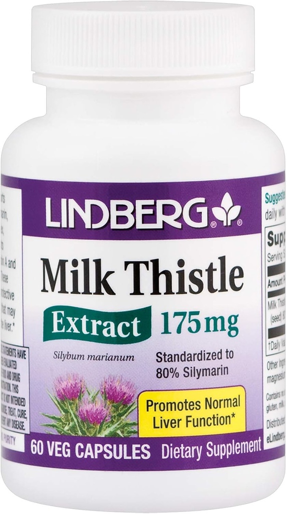 Extrait de chardon de lait de Lindberg 175 Mg, 60 Capsules végétariennes- Standardisé à 80% Silymarin