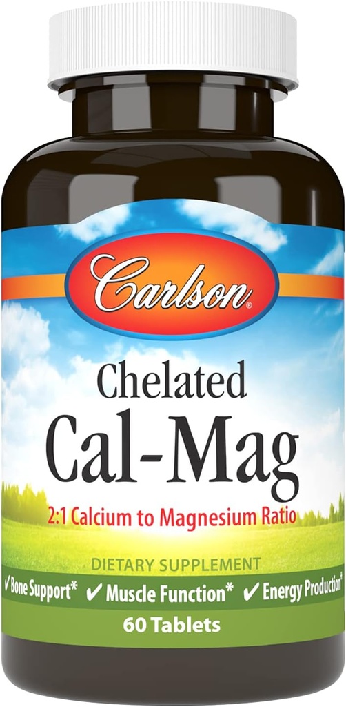 Carlson - Chelated Cal- Mag, 2: 1 poměr vápníku k hořčíku, podpora kostí, svalové funkce a výroba energie, 60 tablet