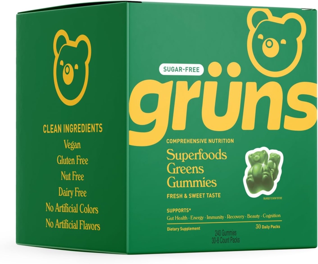 Gruns Sugar Free Super Greens Gummy Bears - Organic Spirulina and Chlorella, Prebiotika pro trávicí zdraví, 20 + Vitamíny a minerály, Adaptogeny - 30 sáčků - 240 Gummies