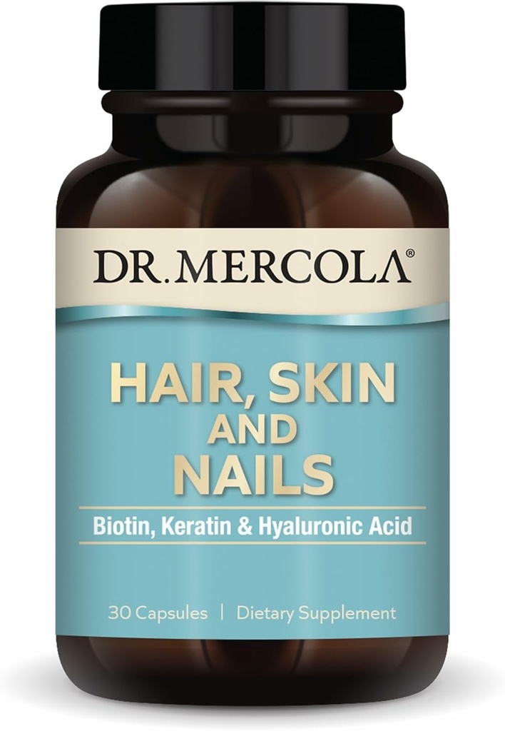 Dr Mercola Hair, Skin och Nails - Ger Biotin, Keratin & Hyaluronsyra - Premiumkvalitet - Stöder Hälsosam Åldrande - Icke-GMO, Gluten-Free & Soy-Free - 30 kapslar (30 portioner)