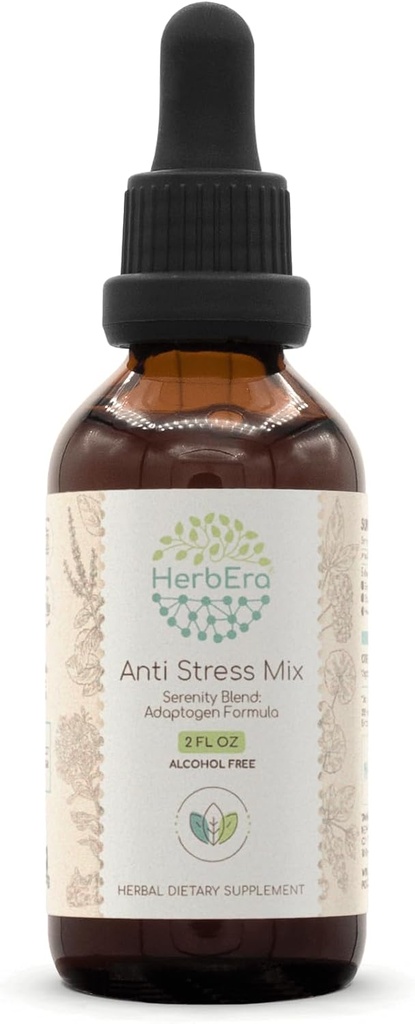 Anti Stres Mix B60 Izvleček brez alkohola Tinktura, Eleuthero Root, Rhodiola Root, Schisandra Berry, Gotu Kola Herb, Sveti Basil Herb. Mešanica serena: Adaptogen Formula 2 Fl Oz