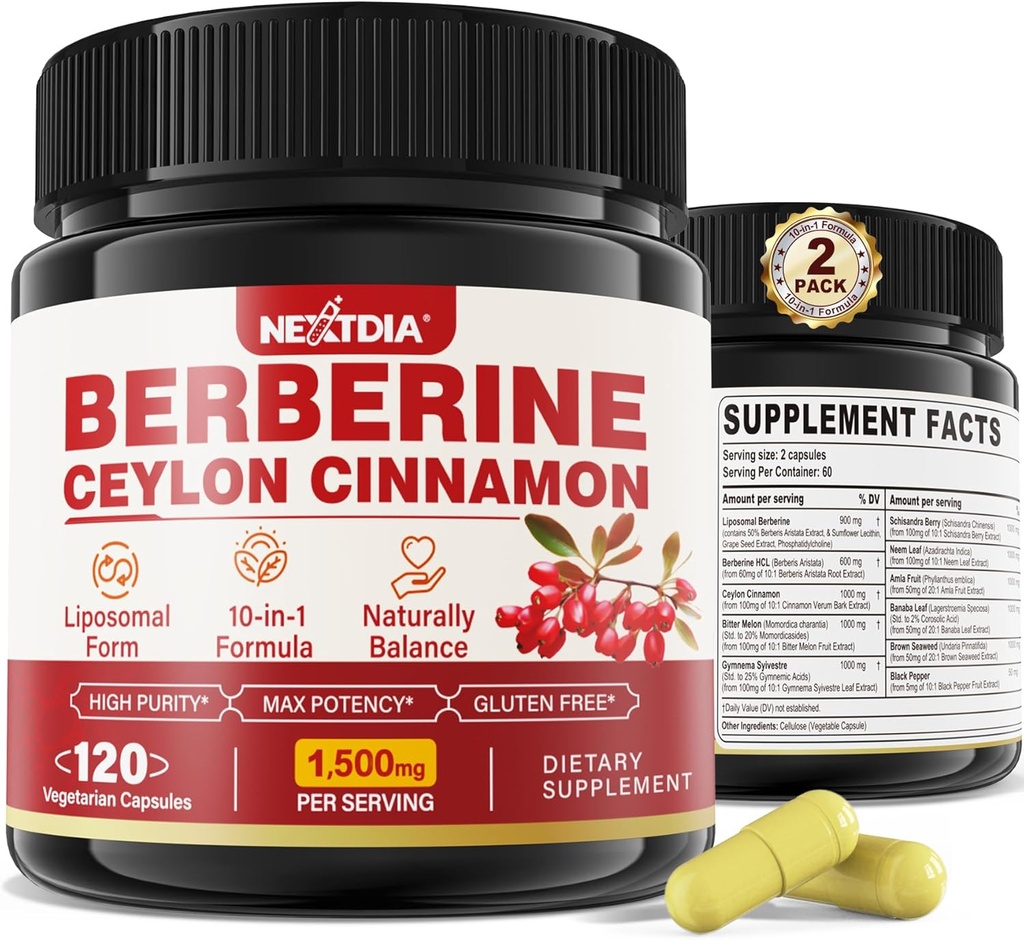2 Pack 1500mg Lipomal Berbersine HCL dengan Ceylon Cinnamon Melon, Kompleks Berberine Organik dengan Banana Leaf, Supports Imune & Traffles - Vegan 240 Kapsul