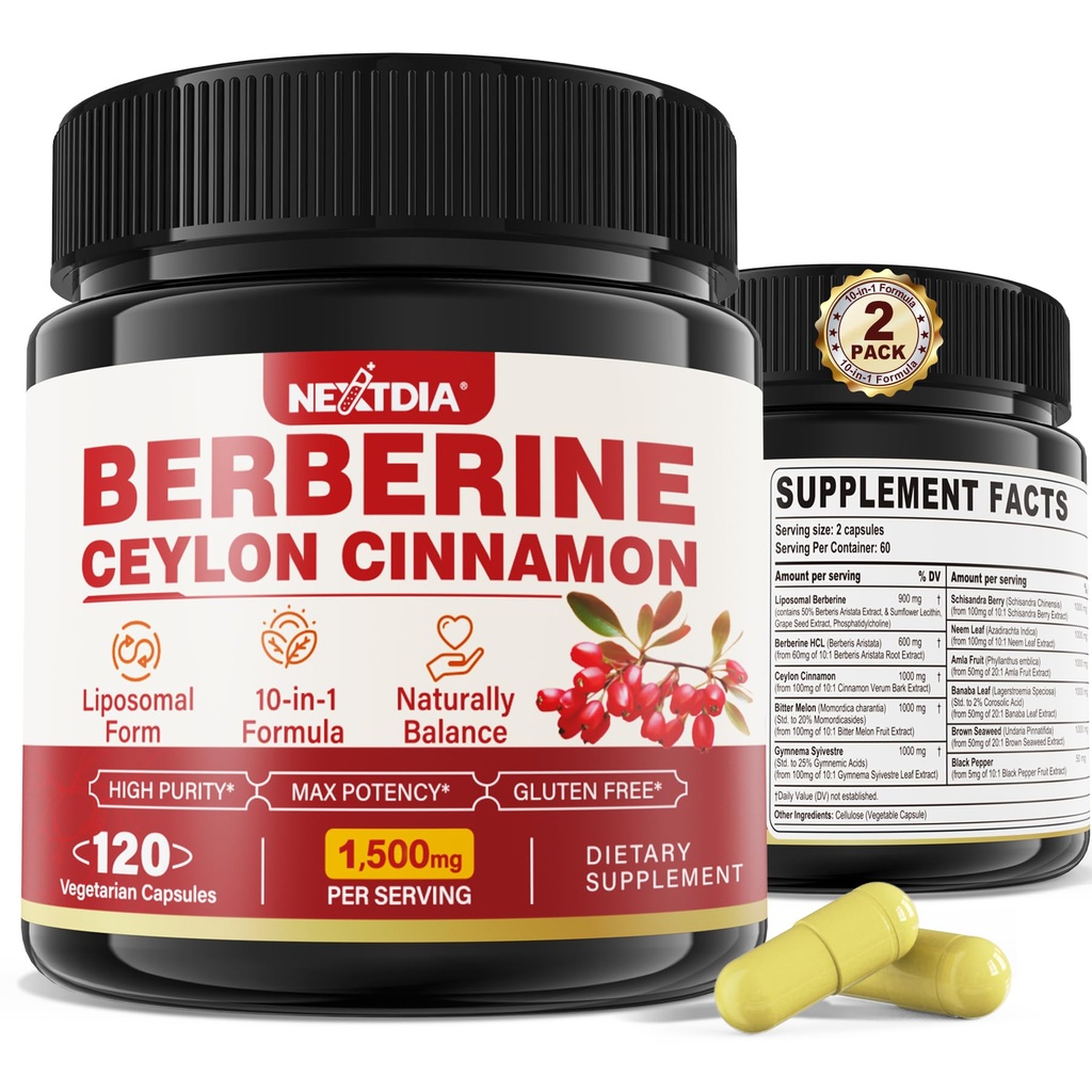 Nextdia 2 Pack 1500mg Liposomal Berberine HCL with Ceylon Cinnamon Bitter Melon, Organic Berberine Complex Supplements with Banana Leaf, Supports Immune & Digestion - Vegan 240 Capsules