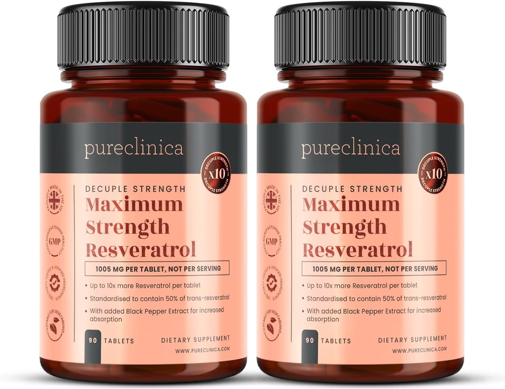 Pureקלינה 1000 מ"ג Resveratrol x 180 טבליות (2 בקבוקי 90 טבליות כל - 6 חודשים אספקת) 10 x כוח ועם Black Pepper לחלץ עבור מהיר יותר Absorption