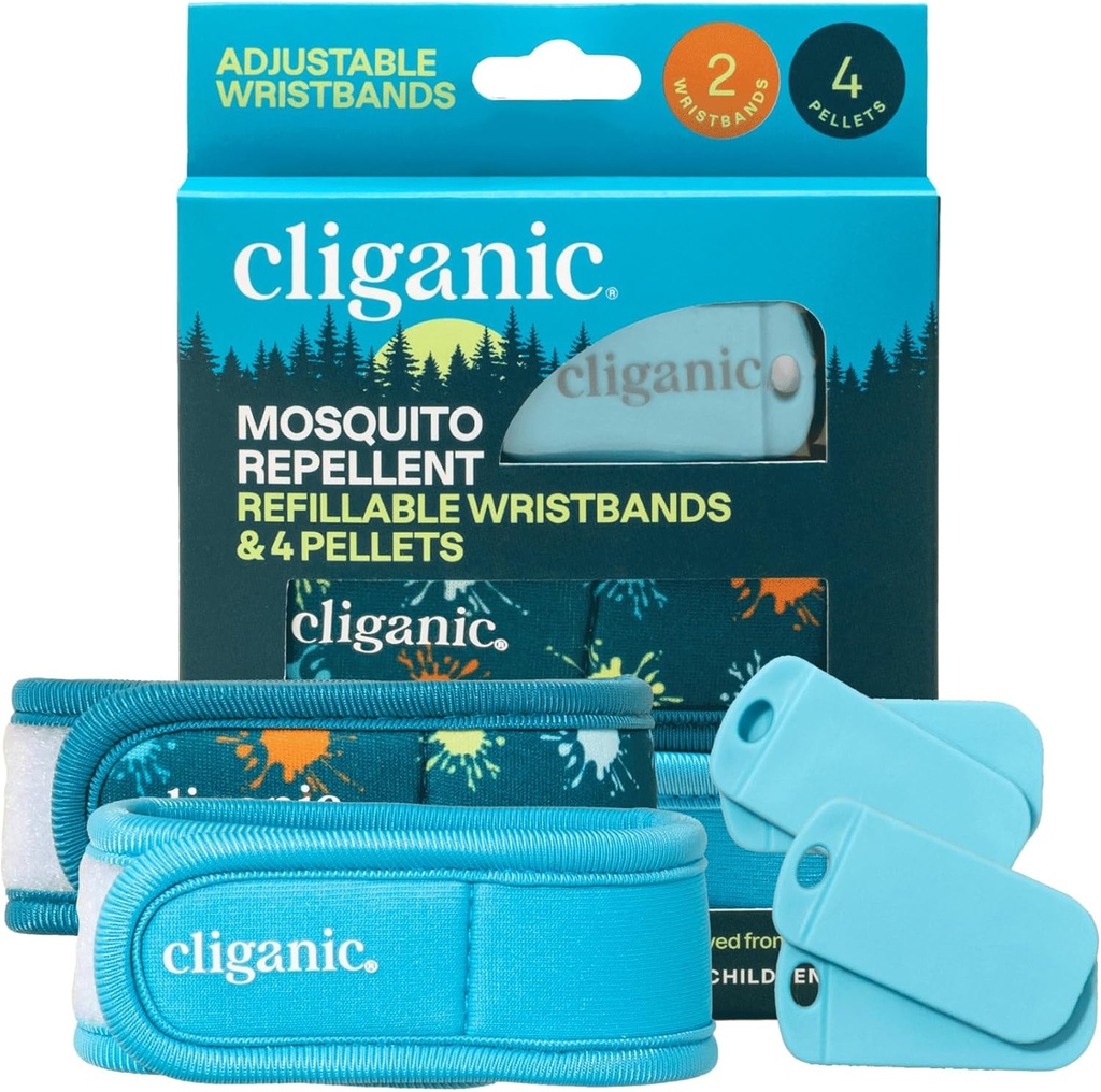 Cliganic Mosquito Repelent Pack (2 Wristbands + 4 Refill Pellets) - Ajustabil, Natural Deet-Free, Infuzat ulei esențial