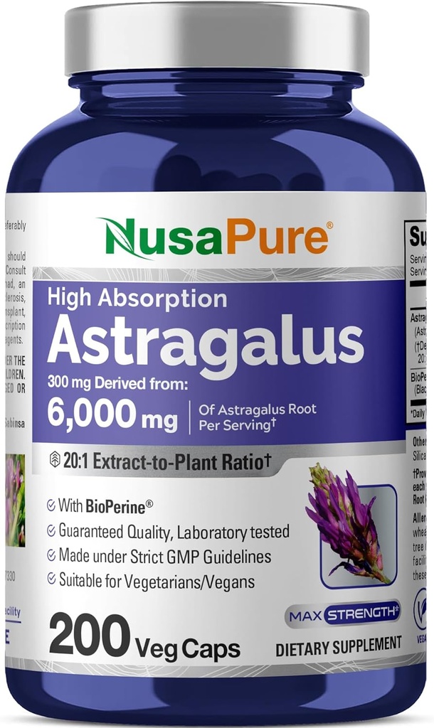 NusaPure Astragalus 20:1 Extract, 300 mg equivalent aan 6000 mg per portie, 200 Veggie Capsules, Non-GMO & Bioperine