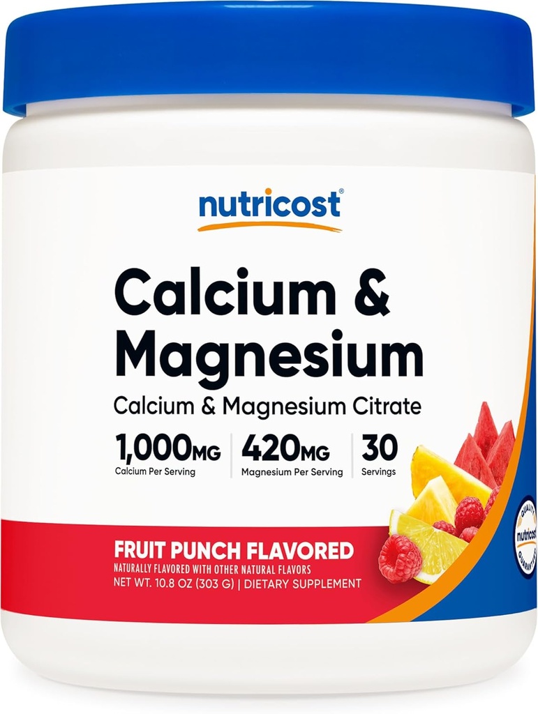 Nutricost Calcium Magnesium Powder (Fruit Punch, 30 Portionen) - Knochenunterstützung, Non-GMO, Glutenfrei (aus Calcium Citrat und Magnesium Citrat)