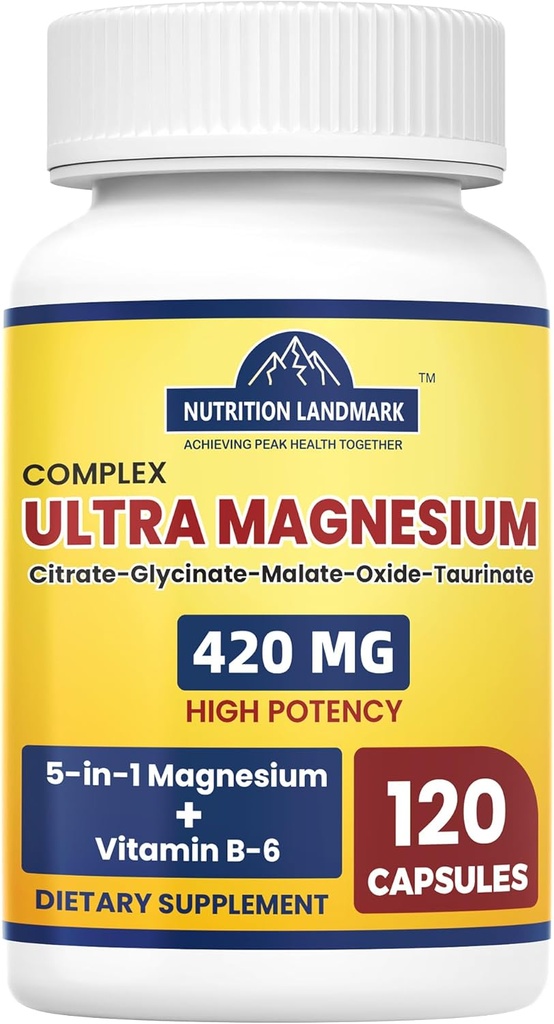 Magnesium Complex Supplement met Vitamine B6, 2 maanden Levering van 420 mg 5-in-1 Magnesiumoxide, Tauraat, Malaat, Citrate, Glycinate Max Absorptie Magnesium Supplement voor Kalmte, Slaap &amp; Been Krampen