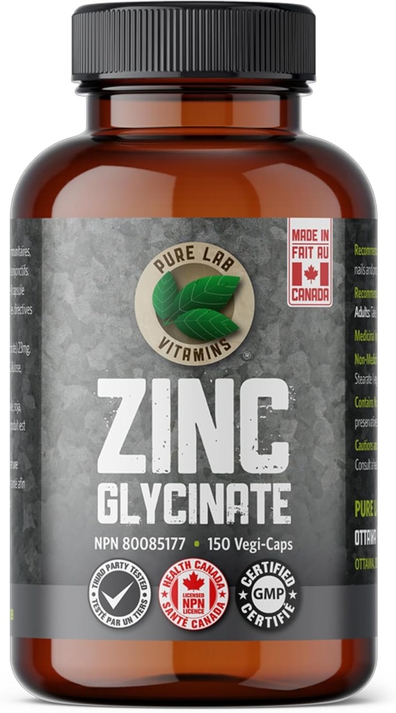 Zink Glycinate 23 mg Tillägg - 150 Vegan Caps by Pure Lab Vitamins - Amino Acid Salt för hälsosam hud och naglar - Stöder immunsystemet, Prostate, Vision - Made in Canada