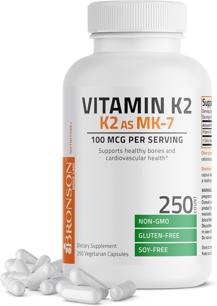 Bronson Vitamine K2 als MK-7 Menachinon 100 mcg Non-GMO, 250 Capsules