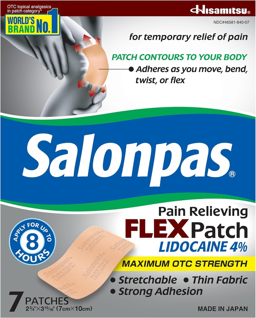 Salonpas máximo OTC Forza Lidocaine 4% Dor aliviar FLEX Patch, Aplicar para ata 8 horas, sen ánimo de lucro, fino, flexible, lixeiro, Patch Stays in Place, 7 Patches