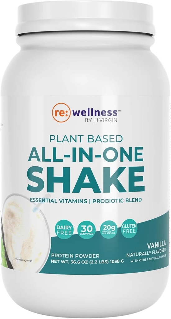 JJ Virgin의 Reignite Wellness | 바닐라 플랜트 기반 All-in-One Shake | 신재생식 식물 단백질 분말, 비타민, 미네랄, 그린 및 아미노산 | 식물 단백질 20g | 30봉