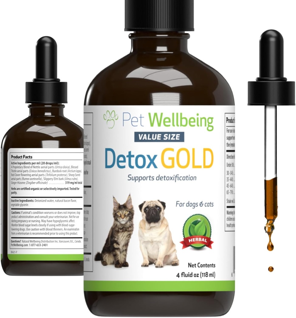 Pet WellBeing Detox Gold for Dogs & Cats - Gentle Detoxification and Elimination Support, Immune System Care, Nettle, mor Thistle - Veterinarian-Formurated Herbal 4 ozella)