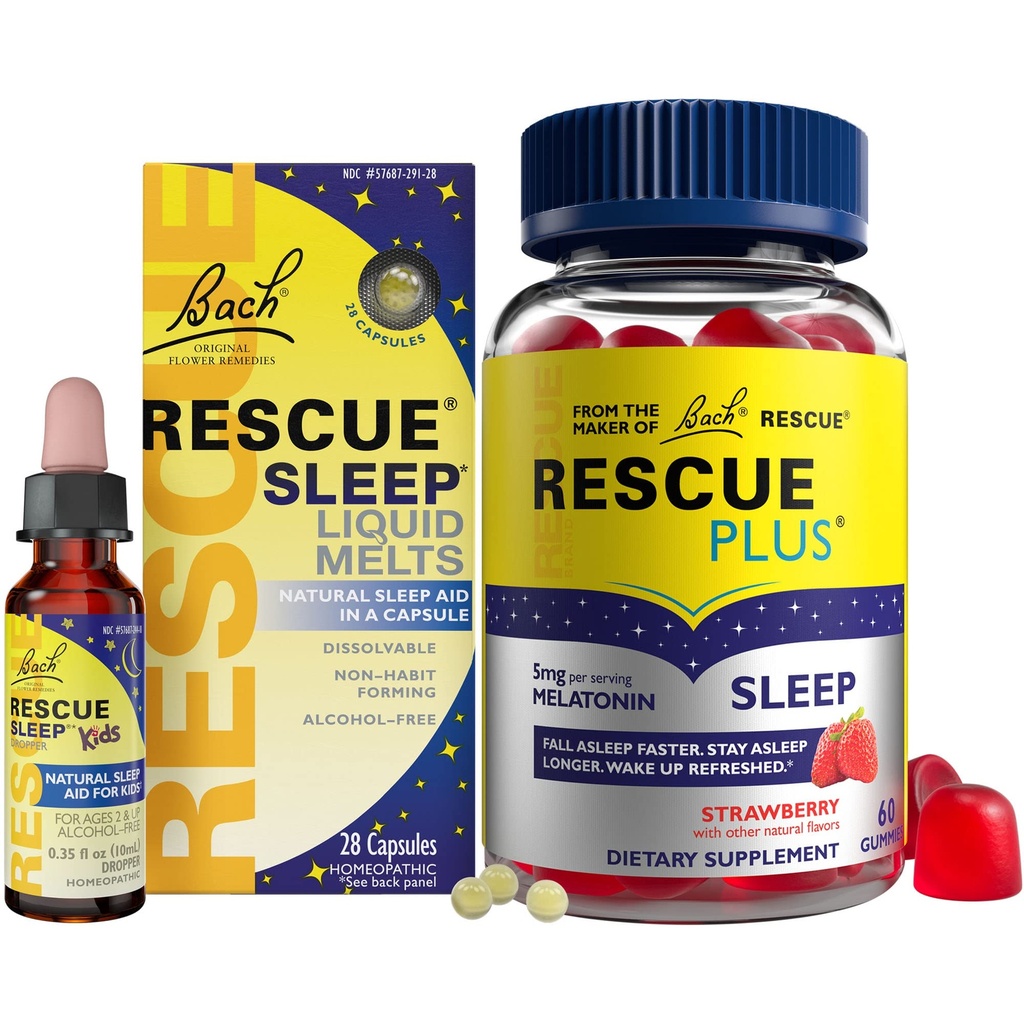Nighttime Sleep Aid Bundle, 3Pk - Bach Rescue Sleep Kids Dropper, 10mL [and] Rescue Sleep Liquid Melts, 28Ct [and] Rescue Plus Sleep Gummies with 5mg Melatonin/dose, 60Ct