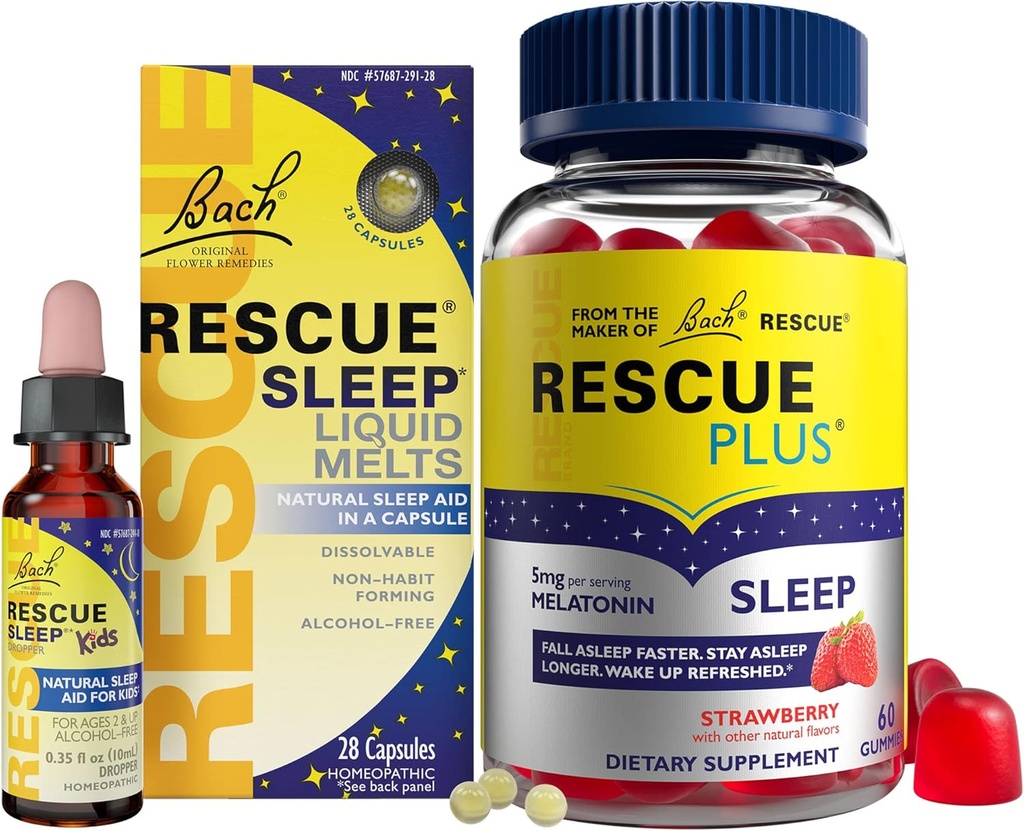 RESCUE Nighttime Sleep Aid Bundle, 3Pk - Bach Sleep Kids Dropper, 10mL Sleep Liquid Melts, 28Ct Plus Sleep Gummies з 5mg Melatonin/dose, 60Ct