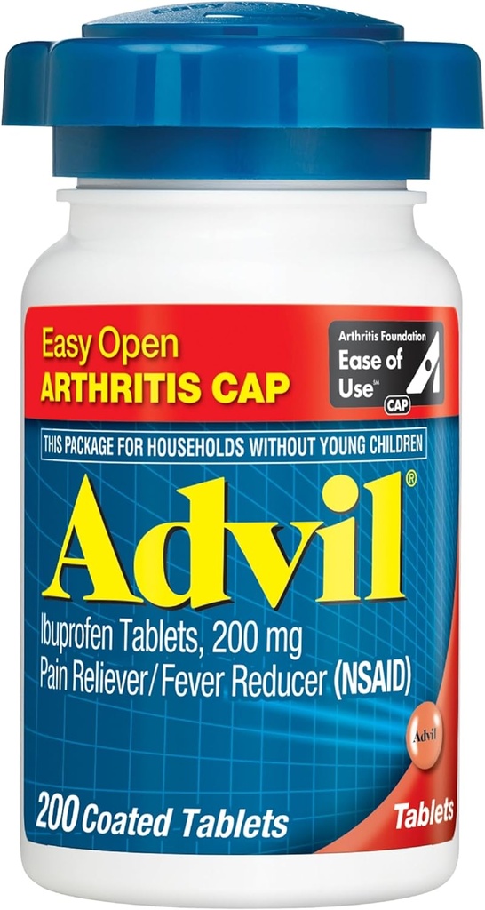 עו"ד (200 Count) Easy Open Arthritis Cap Pain Reliever/Fever hydror Coated Tablet, 200mg Ibuprofen, זמני הקלה בכאב