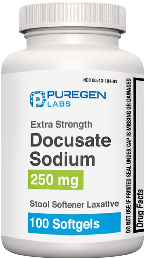 Puregen Labs Docusate Nātrijs 250 mg Stool Mīkstinātājs Laxative - 100 softgels - - , Maigs Aizcietējums Reljefs - , Papildus stiprums - , Bez stimula